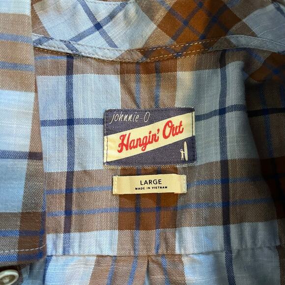 Johnnie-O hangin’ out blue brown plaid cotton button up shirt large - Picture 3 of 8